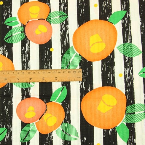 Orange Fruit with Stripes Japanese Style Retro Pattern! 1 Meter Medium Summer Slub Cotton Floral Fabric by Yard, Yardage Cotton Fabrics Style Garments, Bags