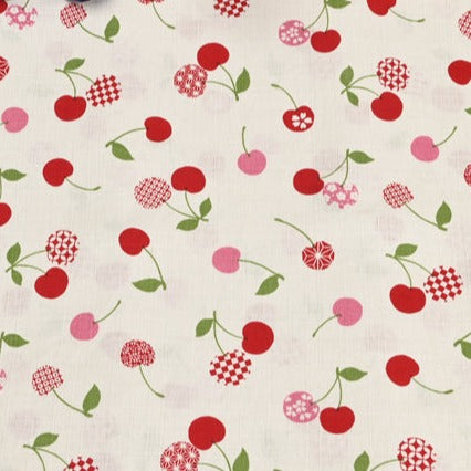 Cherry Fruit Japanese Style Retro Pattern! 1 Meter Medium Summer Slub Cotton Floral Fabric by Yard, Yardage Cotton Fabrics Style Garments, Bags