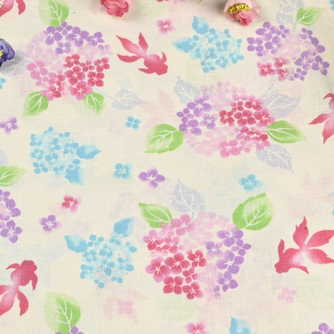 Hydrangea and Golden Fish Japanese Style Retro Floral! 1 Meter Medium Summer Slub Cotton Floral Fabric by Yard, Yardage Cotton Fabrics Style Garments, Bags