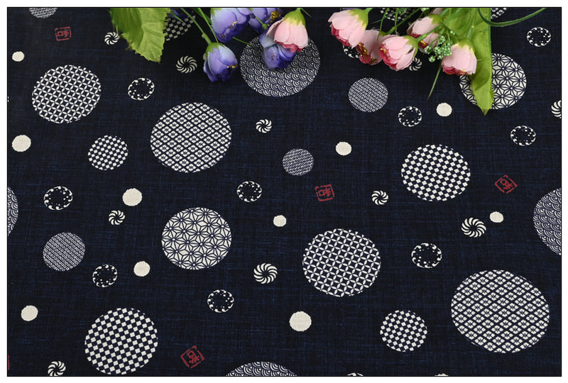 Japanese Style Polka Dots with Pattern! 1 Meter Medium Summer Slub Cotton Floral Fabric by Yard, Yardage Cotton Fabrics Style Garments, Bags