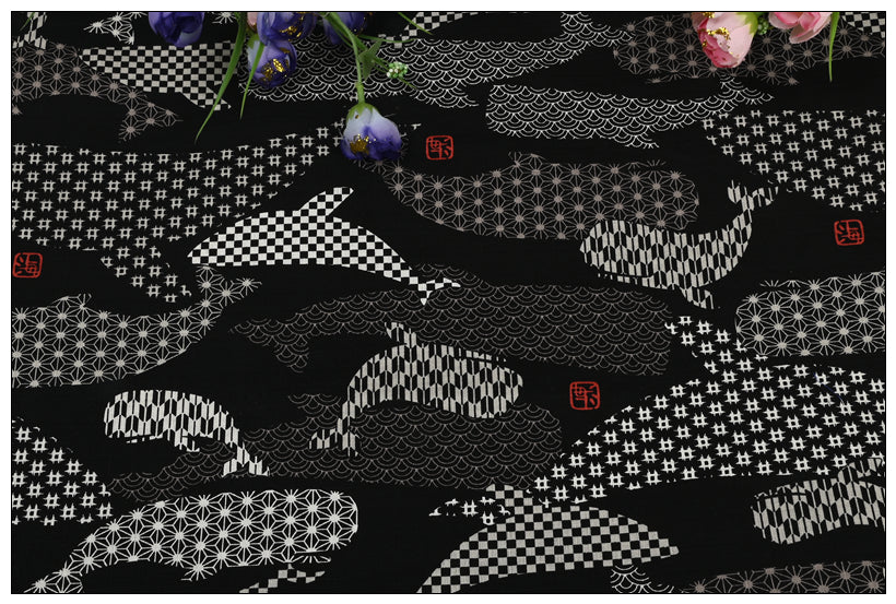 Whales Japanese Style Retro Pattern! 1 Meter Medium Summer Slub Cotton Floral Fabric by Yard, Yardage Cotton Fabrics Style Garments, Bags