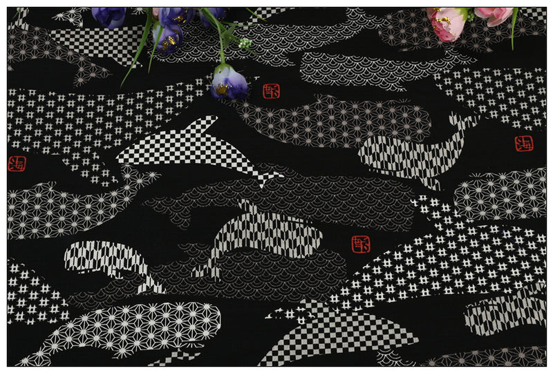 Whales Japanese Style Retro Pattern! 1 Meter Medium Summer Slub Cotton Floral Fabric by Yard, Yardage Cotton Fabrics Style Garments, Bags