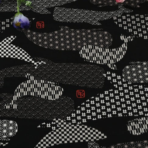 Whales Japanese Style Retro Pattern! 1 Meter Medium Summer Slub Cotton Floral Fabric by Yard, Yardage Cotton Fabrics Style Garments, Bags