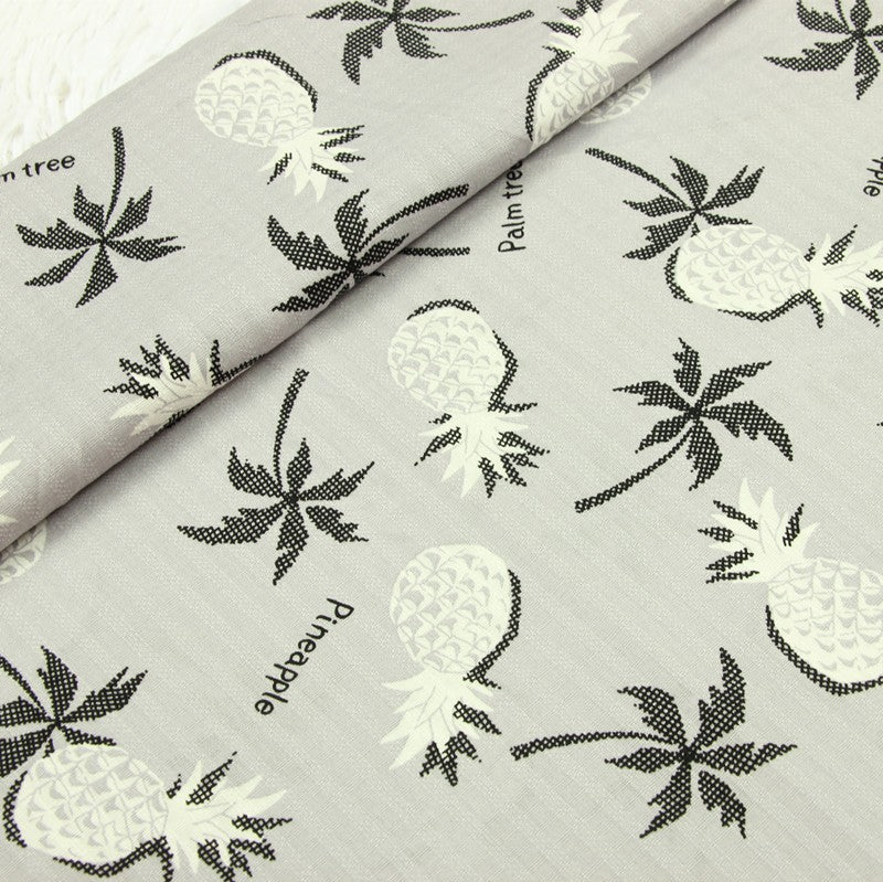 Pineapple and Palm Tree Gray Japanese Style Retro Pattern! 1 Meter Medium Summer Slub Cotton Floral Fabric by Yard, Yardage Cotton Fabrics Style Garments, Bags