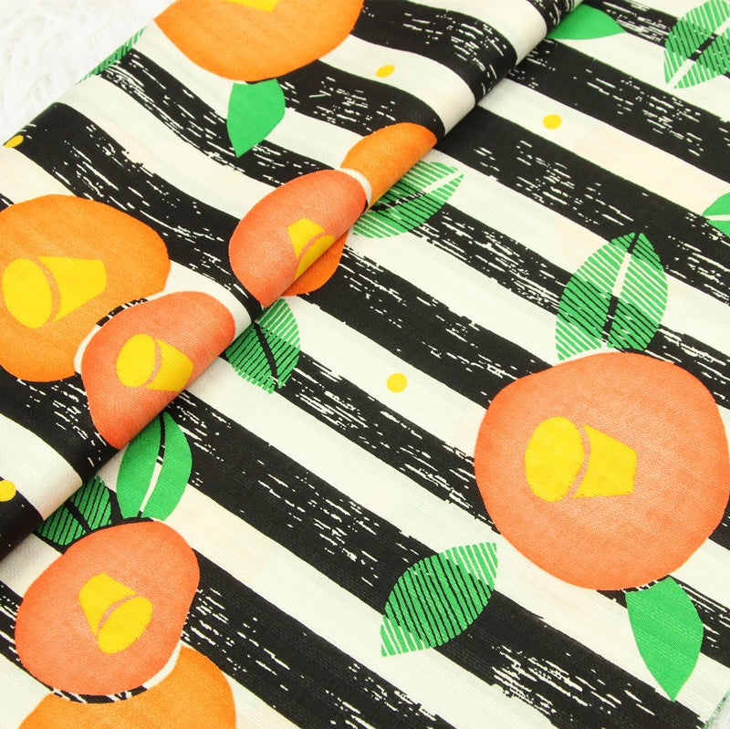 Orange Fruit with Stripes Japanese Style Retro Pattern! 1 Meter Medium Summer Slub Cotton Floral Fabric by Yard, Yardage Cotton Fabrics Style Garments, Bags