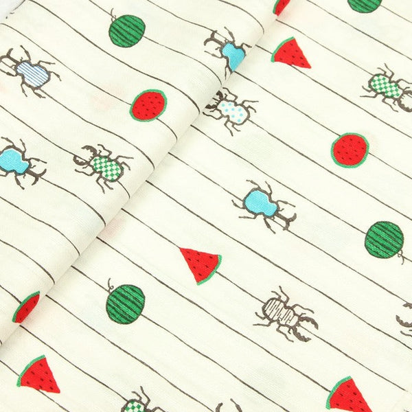 Beetles Watermelon Stripes Japanese Style Retro Pattern! 1 Meter Medium Summer Slub Cotton Floral Fabric by Yard, Yardage Cotton Fabrics Style Garments, Bags