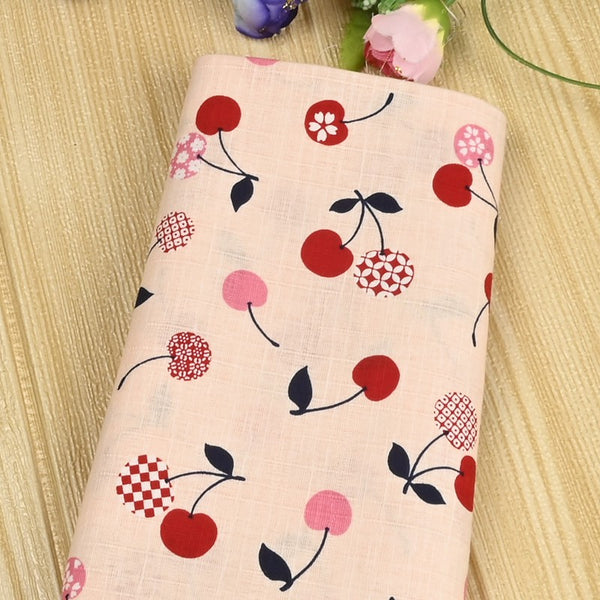 Cherry Fruit Japanese Style Retro Pattern! 1 Meter Medium Summer Slub Cotton Floral Fabric by Yard, Yardage Cotton Fabrics Style Garments, Bags