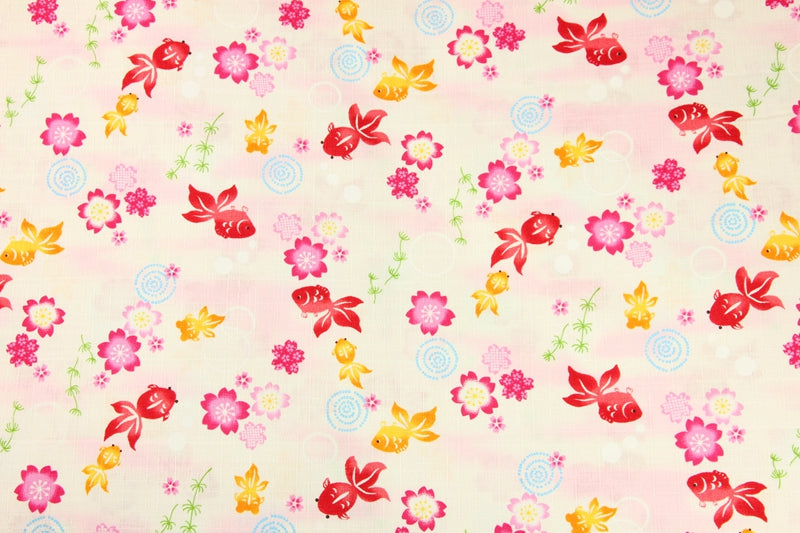 GoldFish and Sakura Cherry Flowers Japanese Style Retro Floral! 1 Meter Medium Summer Slub Cotton Floral Fabric by Yard, Yardage Cotton Fabrics Style Garments, Bags