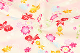 GoldFish and Sakura Cherry Flowers Japanese Style Retro Floral! 1 Meter Medium Summer Slub Cotton Floral Fabric by Yard, Yardage Cotton Fabrics Style Garments, Bags