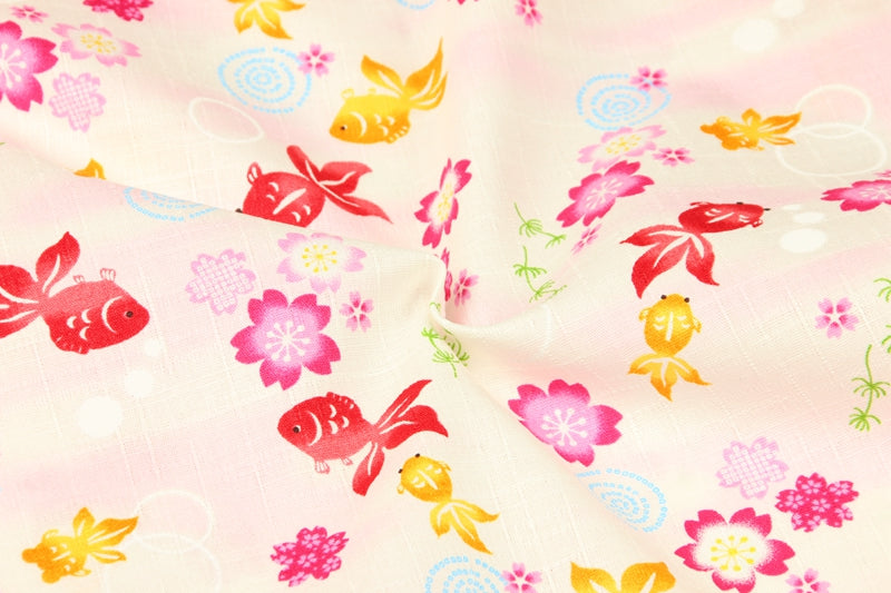 GoldFish and Sakura Cherry Flowers Japanese Style Retro Floral! 1 Meter Medium Summer Slub Cotton Floral Fabric by Yard, Yardage Cotton Fabrics Style Garments, Bags