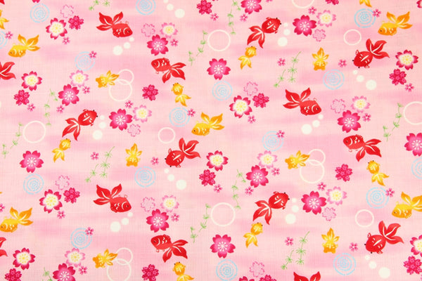 GoldFish and Sakura Cherry Flowers Japanese Style Retro Floral! 1 Meter Medium Summer Slub Cotton Floral Fabric by Yard, Yardage Cotton Fabrics Style Garments, Bags