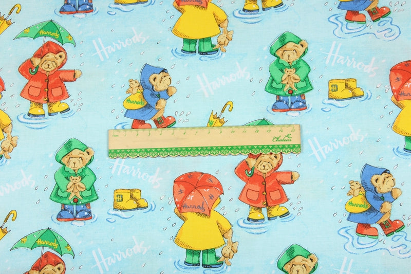 Teddy Bears with Raincoat Harrrods the Department Store! 1 Meter Medium Thickness Printed Plain Cotton Fabric, Craft Fabric