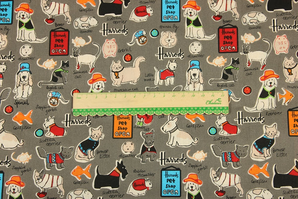 Cats and Dogs Harrods Pet Shop! 1 Meter Medium Thickness Printed Plain Cotton Fabric, Craft Fabric