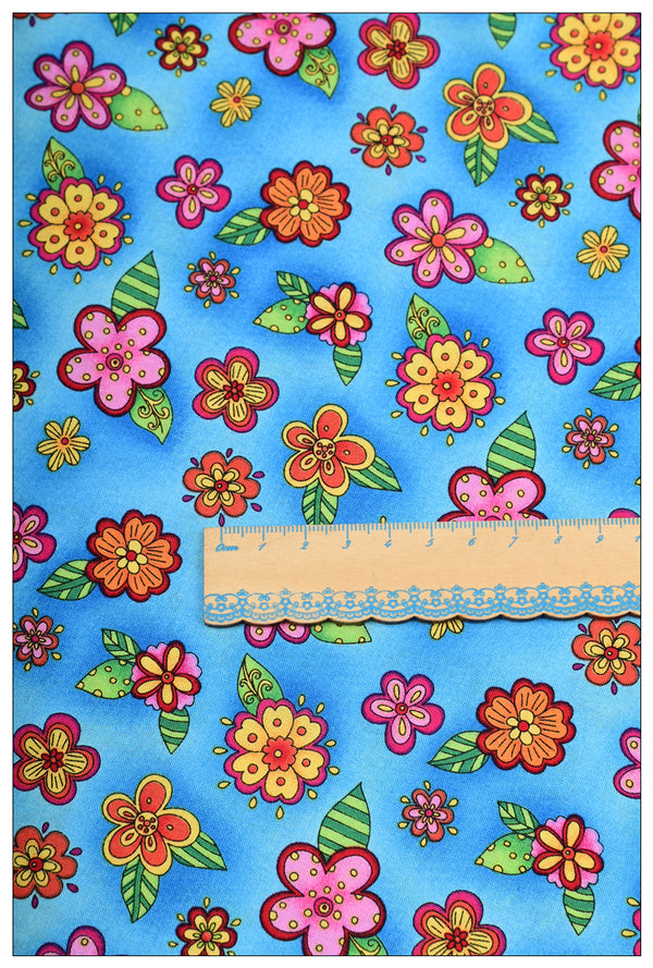 Small Florals blue! 1 Meter Medium Weight Plain Cotton Fabric, Fabric by Yard, Yardage Cotton Fabrics for  Style Garments, Bags