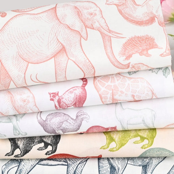 Sketched Animals Art Series 5 prints! 1 Yard Cotton Fabric, Fabric by Yard, Yardage Cotton Fabrics for Bags French Style