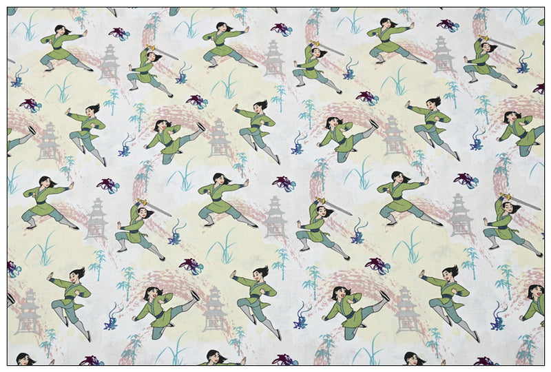 Cartoon Mulan Practising Kongfu! 1 Meter Plain Cotton Fabric by Yard, Yardage Cotton Fabrics for Style Craft Bags