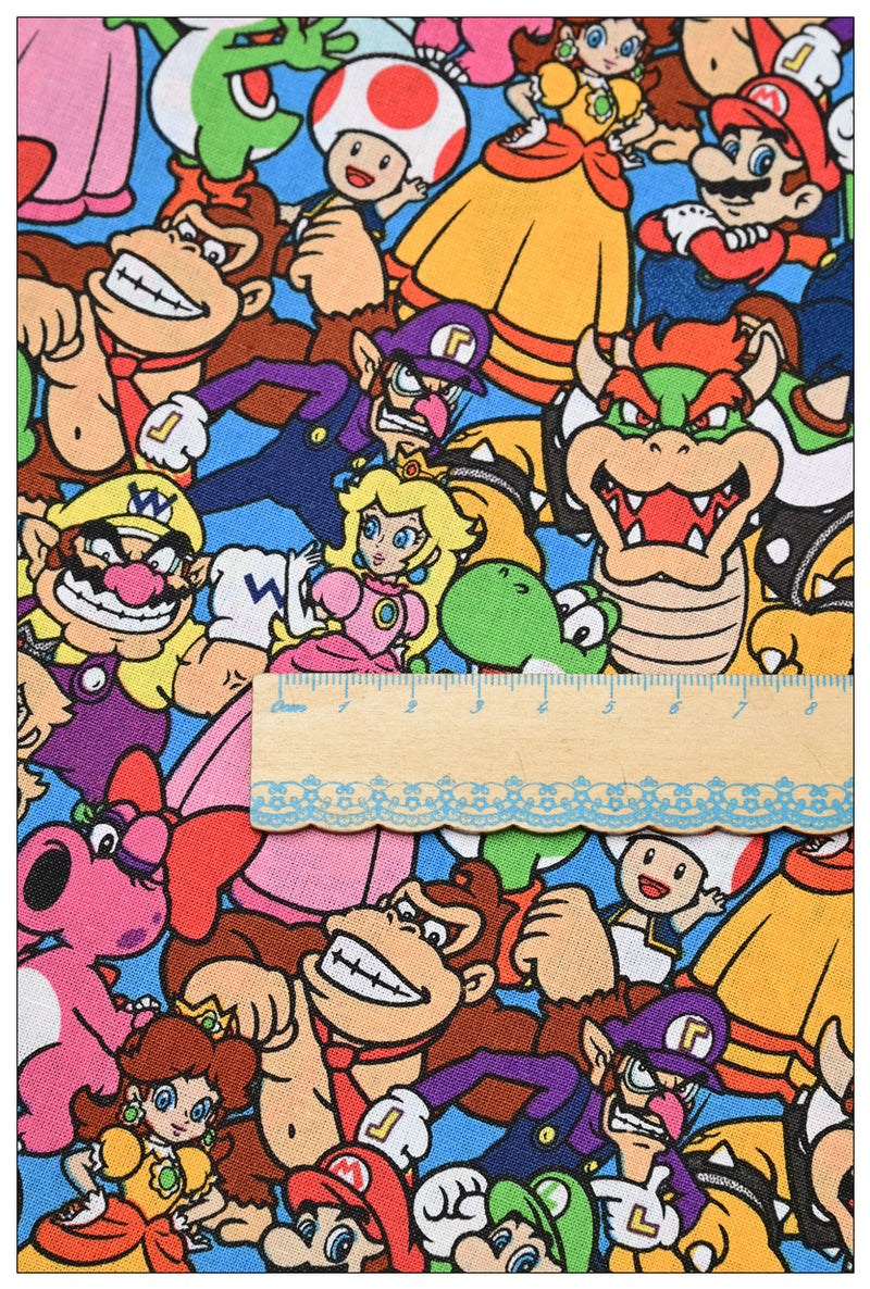 Super Mario Characters Together Packed! 1 Meter Plain Cotton Fabric by Yard, Yardage Cotton Fabrics for Style Bags