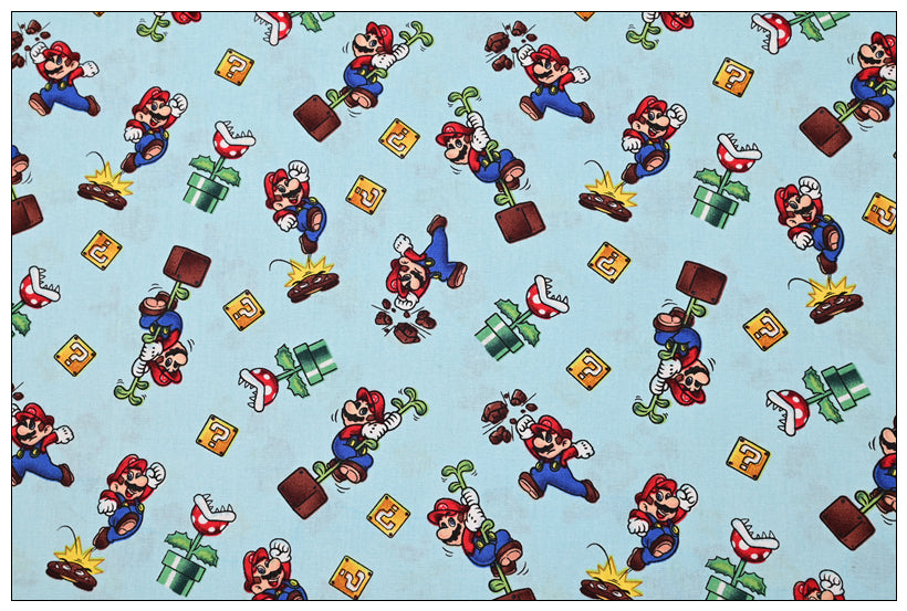 Super Mario and the Flowers blue Classic! 1 Meter Plain Cotton Fabric by Yard, Yardage Cotton Fabrics for Style Bags