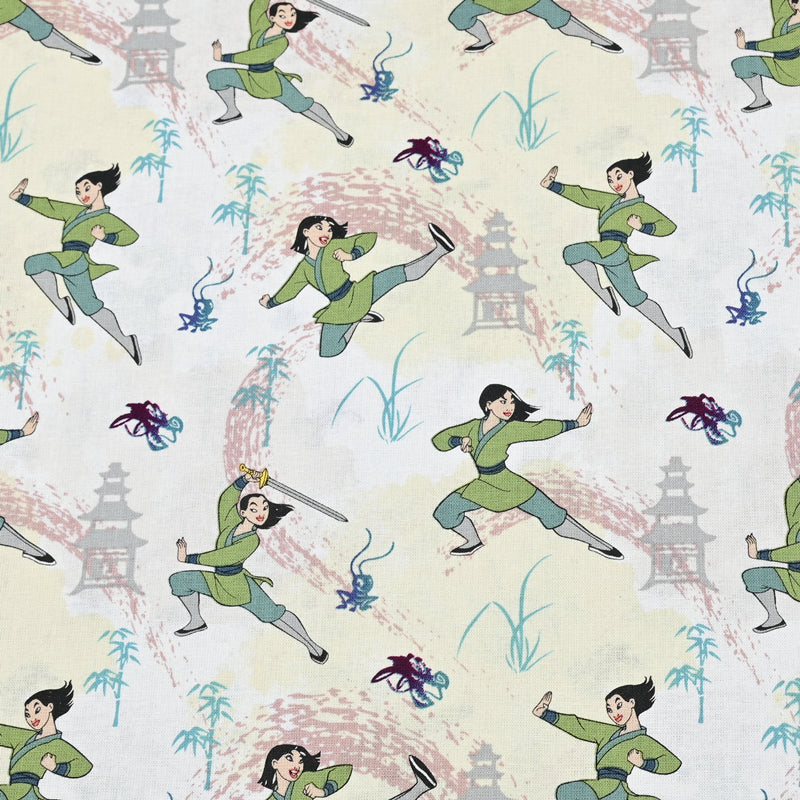 Cartoon Mulan Practising Kongfu! 1 Meter Plain Cotton Fabric by Yard, Yardage Cotton Fabrics for Style Craft Bags