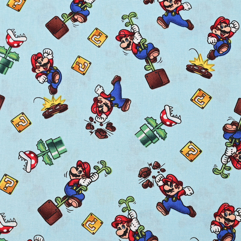 Super Mario and the Flowers blue Classic! 1 Meter Plain Cotton Fabric by Yard, Yardage Cotton Fabrics for Style Bags