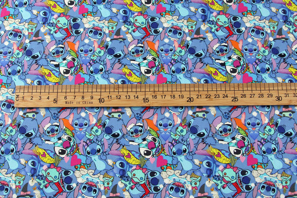 Stitch Packed blue! 1 yard Medium Thickness Cotton Fabric, Fabric by Yard, Yardage Cotton Fabrics Style Prints Lilo & Stitch