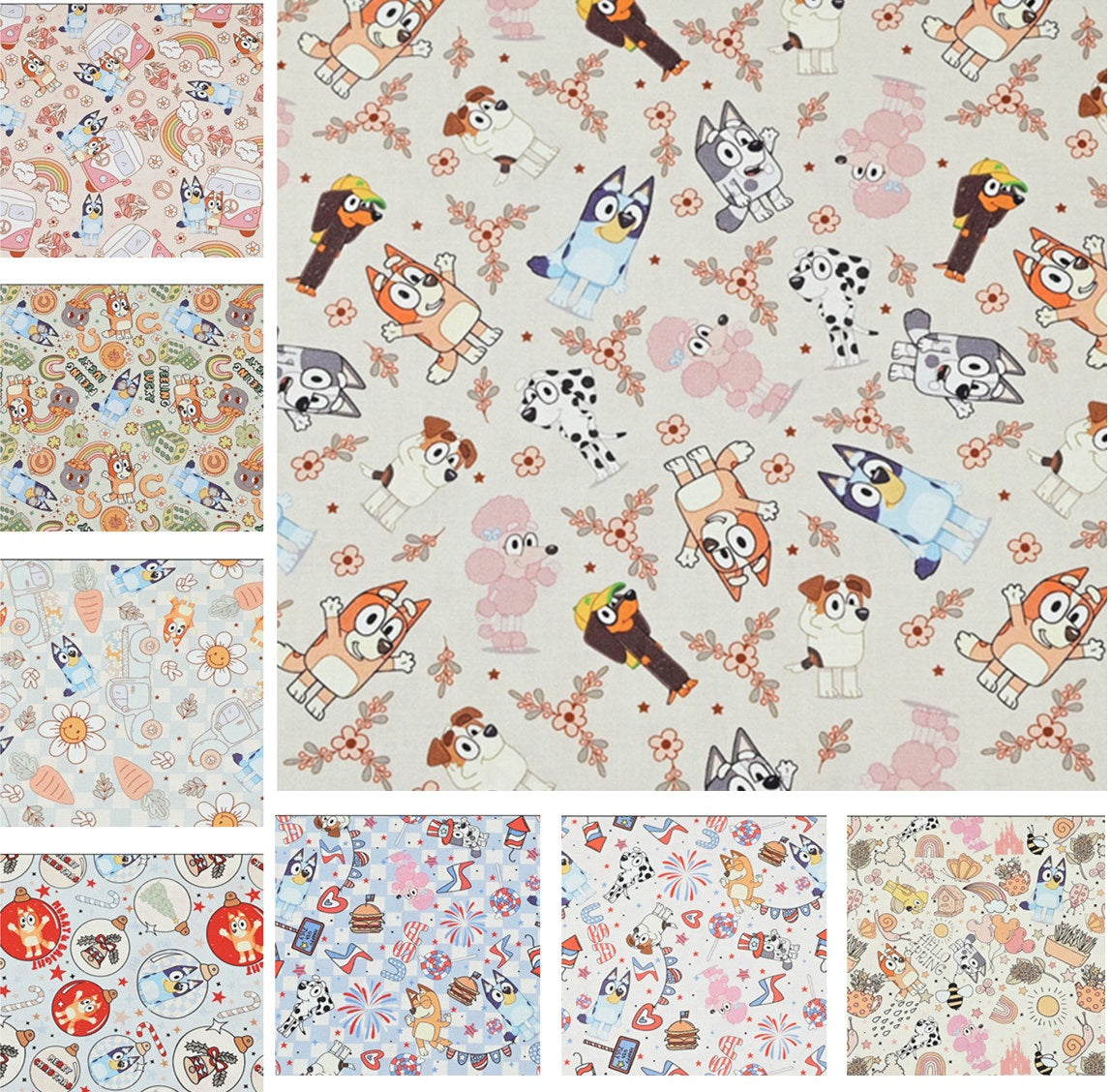 Bluey Floral the Aussie Dingo 8 prints! 1 Yard Quality Medium Thickness Plain Cotton Fabric, Fabric Aussie 2304