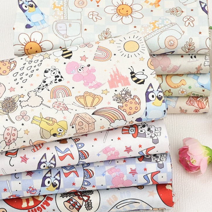 Bluey Floral the Aussie Dingo 8 prints! 1 Yard Quality Medium Thickness Plain Cotton Fabric, Fabric Aussie 2304