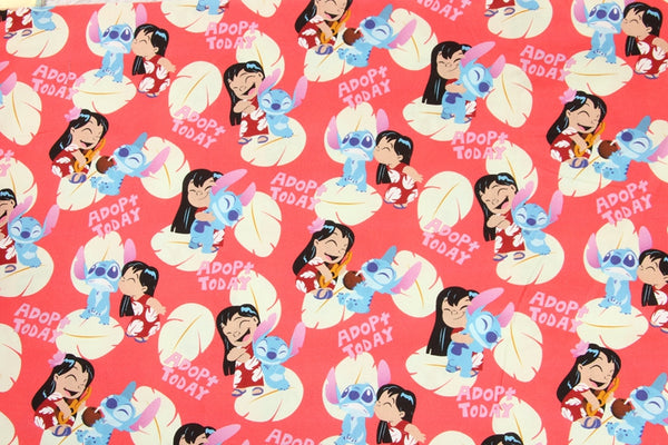 Adopt Today Stitch and Lilo pink! 1 yard Medium Thickness Cotton Fabric, Fabric by Yard, Yardage Cotton Fabrics Style Prints Lilo & Stitch