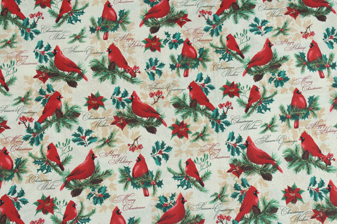 Red Birds Merry Christmas! 1 Meter Medium Weight Plain Cotton Fabric, Fabric by Yard, Yardage Cotton Fabrics for  Style Garments, Bags