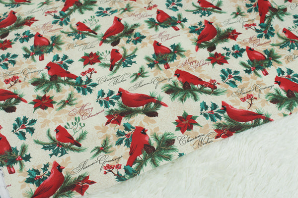 Red Birds Merry Christmas! 1 Meter Medium Weight Plain Cotton Fabric, Fabric by Yard, Yardage Cotton Fabrics for  Style Garments, Bags