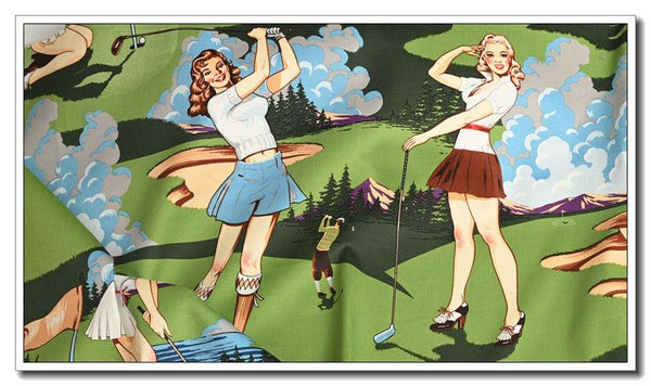 Ladies with Golf Green! Quality Printed Cotton Fabrics by Yard, Fabric Yardage Pin-ups with Golf Club