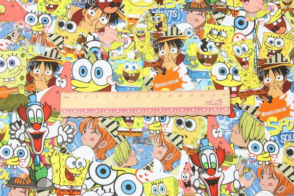 Luffy and SpongeBob Green One Piece  the Japanese Cartoon Green! 1 Meter Printed Cotton Fabric, Fabric by Yard, Yardage Fabrics, Children  Kids - fabrics-top