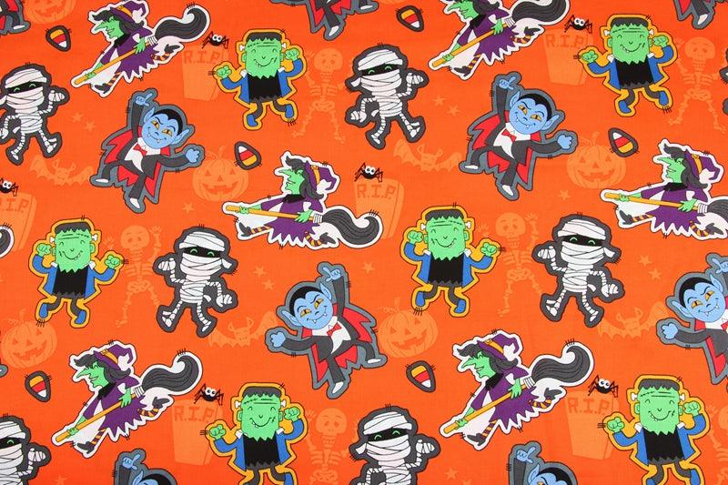 Zombie orange! 1 Meter Printed Cotton Fabric, Fabric by Yard, Yardage Fabrics, Children  Kids Halloween