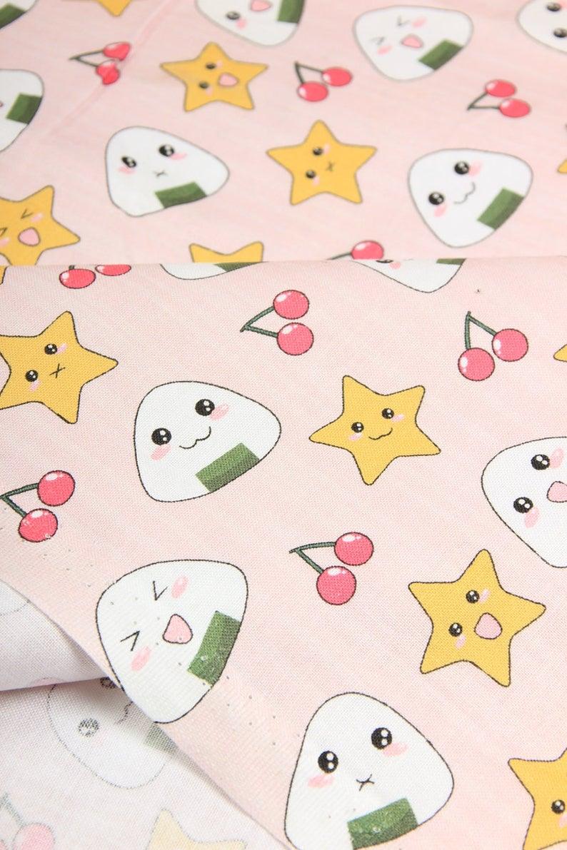 Onigiri (Japanese Rice Balls) おにぎり! 1 Meter Light Weight Cotton Fabric, Fabric by Yard, Yardage Cotton Fabrics for Style Clothes, Bags - fabrics-top