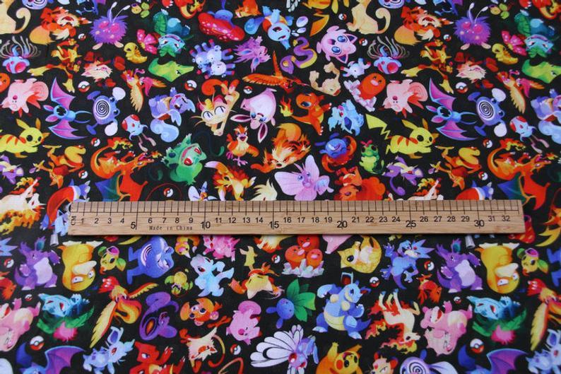 Pikachu Pocket Monster Series 3 Black! 1 Yard Medium Thickness Plain Cotton Fabric, Fabric by Yard, Yardage Cotton Fabrics Style Japanese - fabrics-top