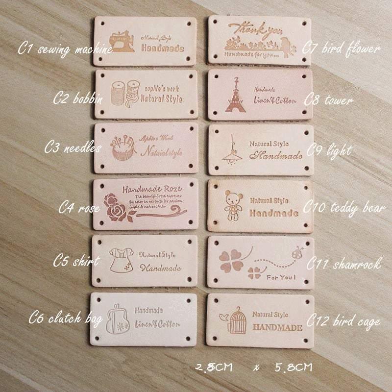 12 Pcs Cute  handmade  Label, Veg Tanned Leather Tags, Sewing Tags, Leather Labels, Handmade Logo, Hand Made Tag 57 models available 2 Sizes - fabrics-top