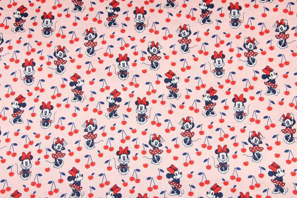 Minnie with Cherry pink! 1 Meter Light Weight  Cotton Fabric, Fabric by Yard, Yardage Cotton Fabrics for  Style Garment