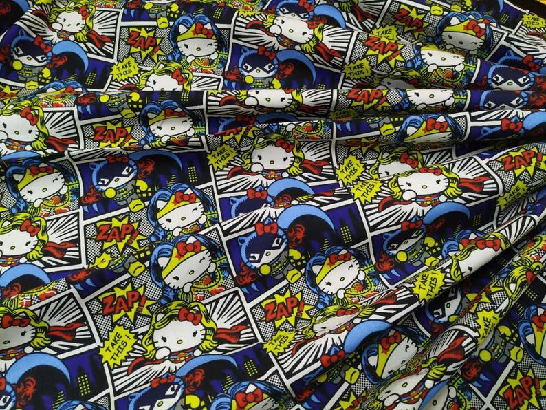 Hello Kitty Playing Super Heroines! 1 Meter Printed Cotton Fabric, Fabric by Yard, Yardage Cotton Bag Fabrics, Children Fabrics,  Japanese - fabrics-top