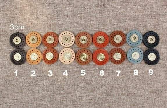 5 Pairs of Color Leather Magnetic Buttons , 3cm Genuine Leather Covered, 9 colors available, Sewing-on Bag Leather Magnetic Button