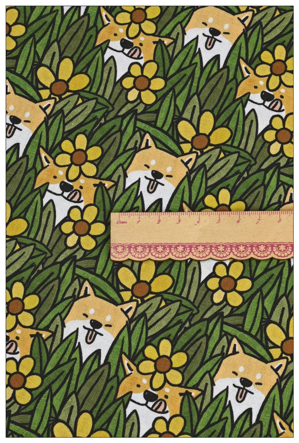 Japanese Shiba Inu Dog in Flowers! 1 Meter Medium Weight Plain Cotton Fabric, Fabric by Yard, Yardage Cotton Fabrics for  Style Garments, Bags - fabrics-top