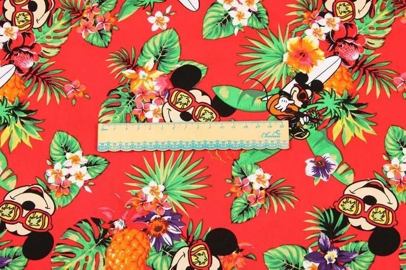 Mickey in Hawaii All Red! 1 Meter Medium Thickness  Cotton Fabric, Fabric by Yard, Yardage Cotton Fabrics for  Style Garments, Bags - fabrics-top