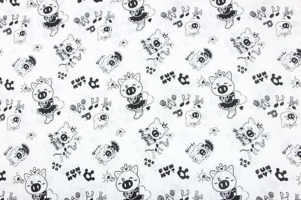 Happy Girls Pig BW! 1 Meter Very Light-Weight Thickness Plain Cotton Fabric, Fabric by Yard, Yardage Cotton Fabrics for  Style Garments