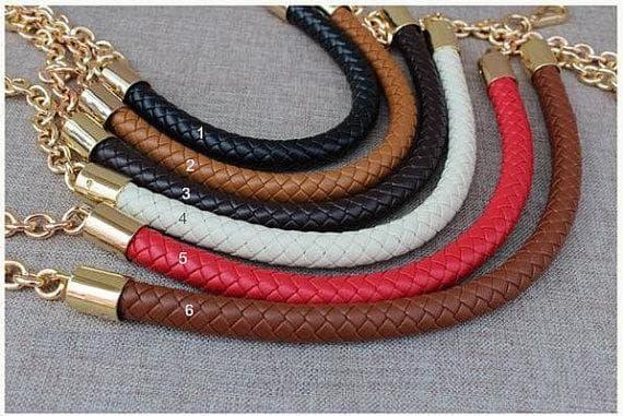 A Braided PU Leather Bag handle With GoldenSilver Chain, flexible edition, total length 60 cm, Golden Clip Hardwares, 6 Colors available
