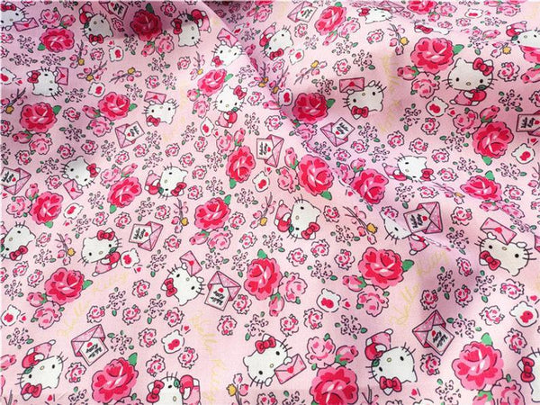 Hello Kitty Floral with Greeting Cards Pink! 1 Meter Polyester Fabric, Fabric by Yard, Yardage Cotton Fabrics Style Garments, Mask Fabrics - fabrics-top
