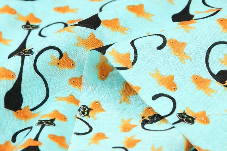 Black Cat and Golden Fish! 1 Meter Medium Thickness Plain Cotton Fabric, Fabric by Yard, Yardage Cotton Fabrics for  Style Garments, Bags - fabrics-top