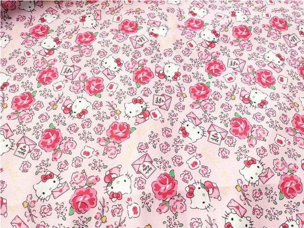 Hello Kitty Floral with Greeting Cards Pink! 1 Meter Polyester Fabric, Fabric by Yard, Yardage Cotton Fabrics Style Garments, Mask Fabrics