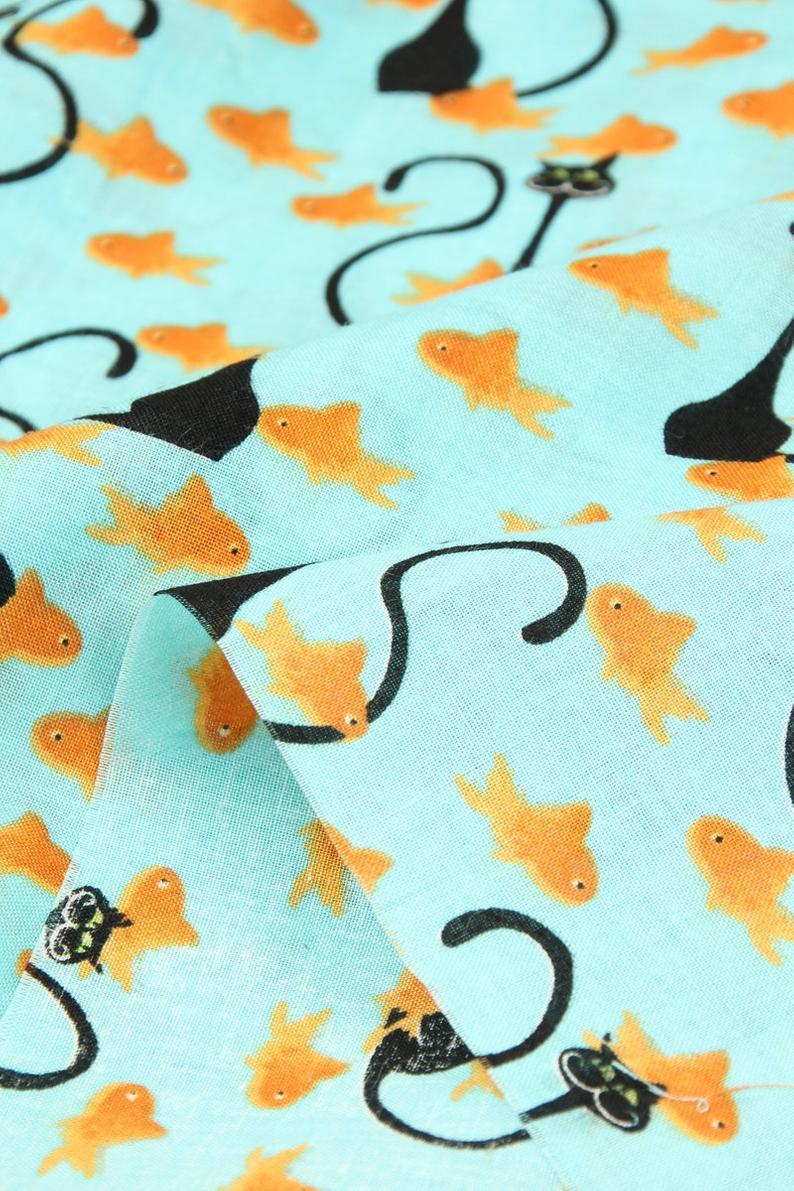 Black Cat and Golden Fish! 1 Meter Medium Thickness Plain Cotton Fabric, Fabric by Yard, Yardage Cotton Fabrics for  Style Garments, Bags - fabrics-top