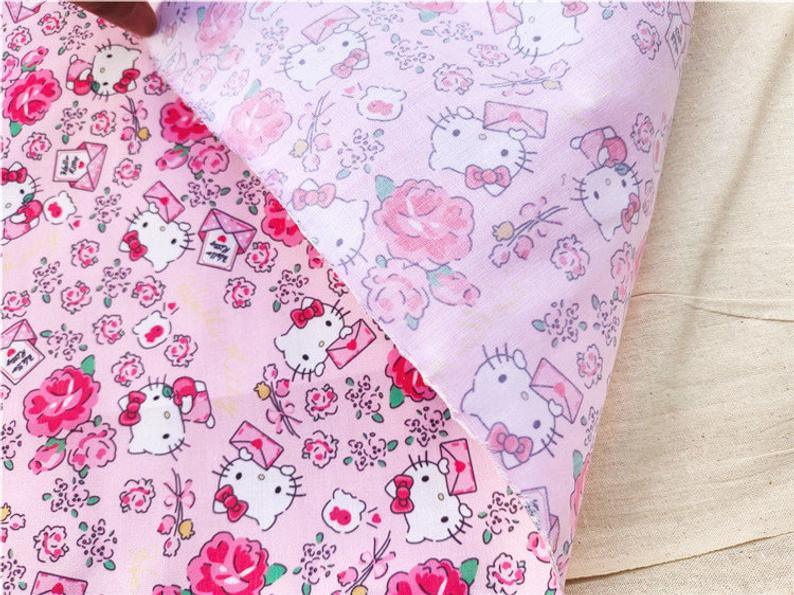 Hello Kitty Floral with Greeting Cards Pink! 1 Meter Polyester Fabric, Fabric by Yard, Yardage Cotton Fabrics Style Garments, Mask Fabrics - fabrics-top