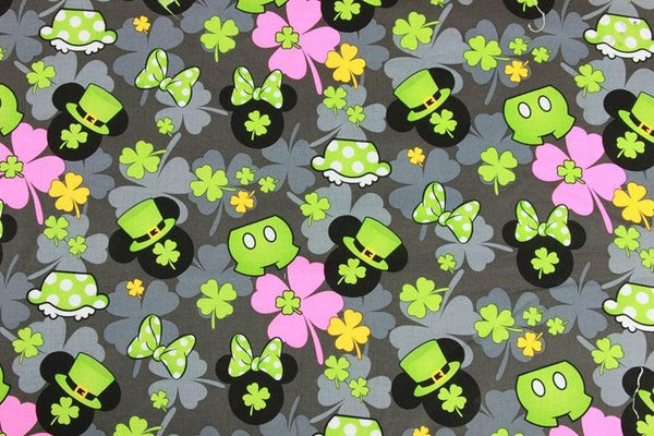 Lucky Mickey with Shamrock Happy St Patrick's Day! 1 Meter Cotton Clover Fabric, Fabric by Yard, Yardage Cotton Fabrics for  Style Garments