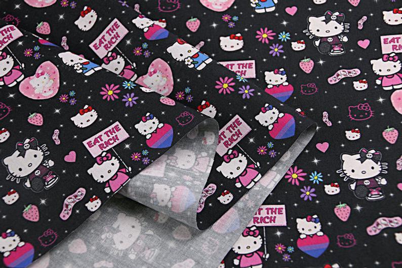 Eat the Rich  Hello Kitty ! 1 Meter Printed Cotton Fabric, Fabric by Yard, Yardage  Bag Fabrics, Children  Kids, Japanese - fabrics-top